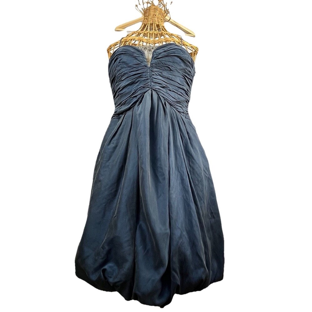 Badgley Mischka Peach Skin Silk Spaghetti Strap Blue Bubble Hem Dress Sz 6 - Picture 2 of 16